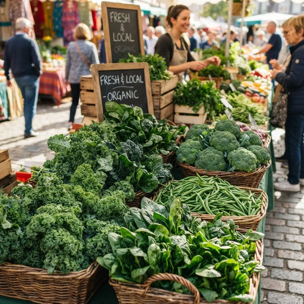 focusing on fresh green vegetables such as kale, spinach, broccoli, and green beans displayed in baskets with natural sunlight highlighting