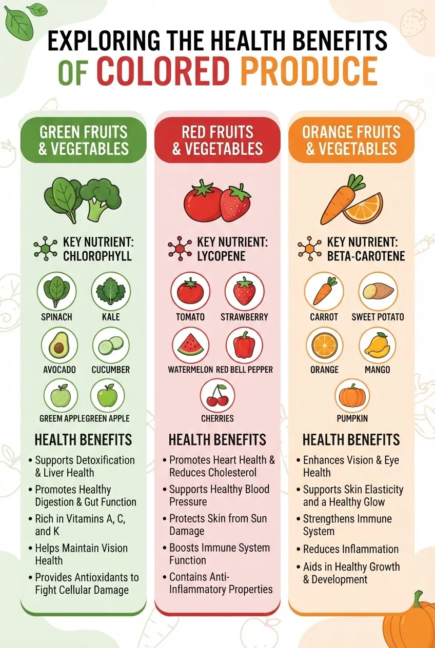 An infographic with three vertical columns labeled Green, Red, and Orange Fruits and Vegetables, each featuring 5 examples with icons, key