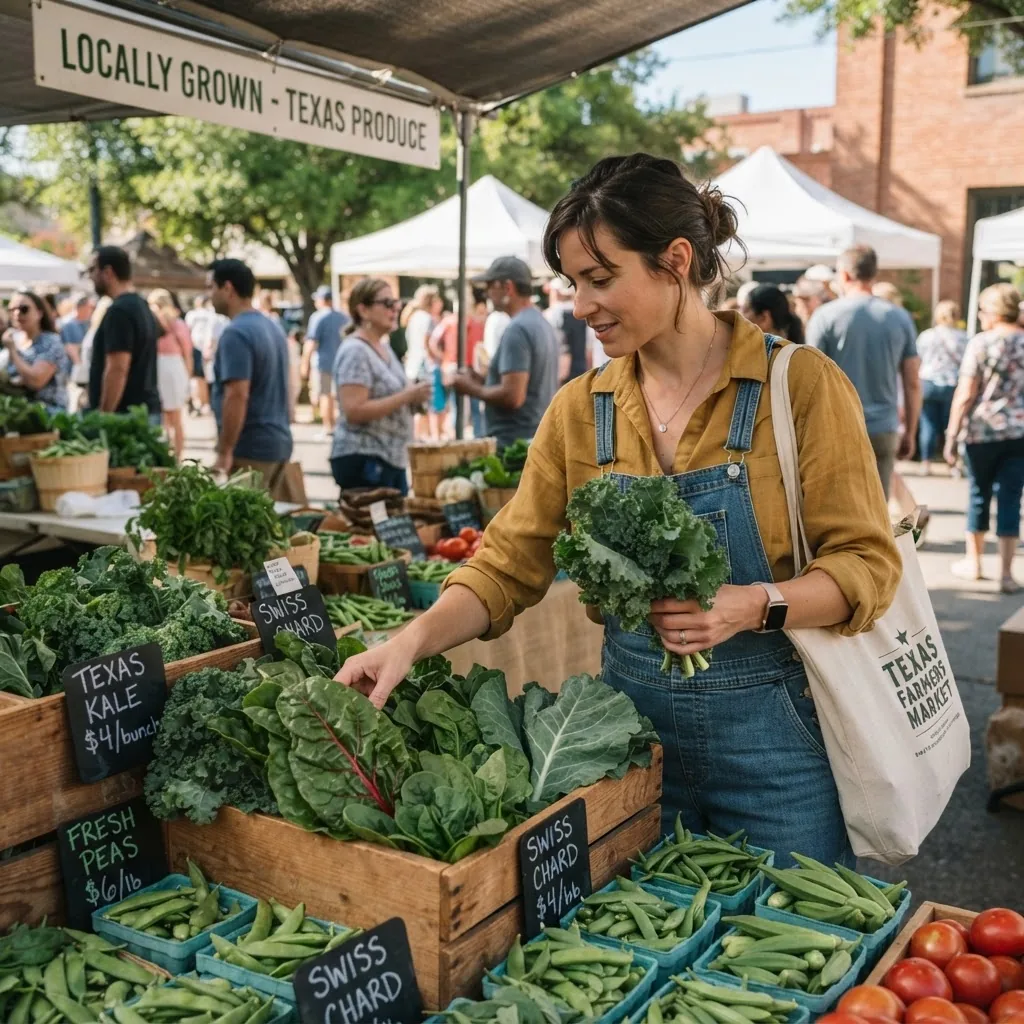 Photo of a shopper selecting fresh green leafy vegetables and legumes at a Texas local farmers market, showing a variety of seasonal