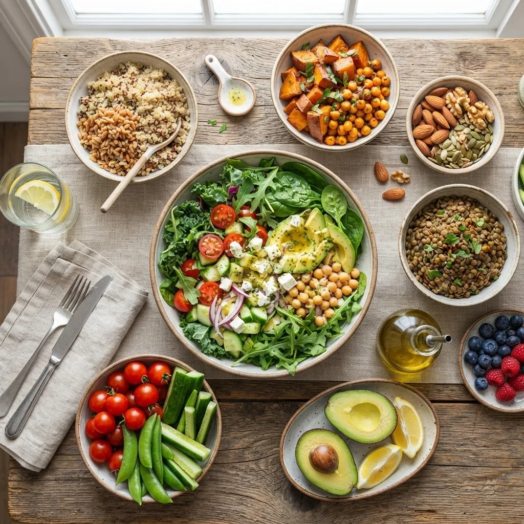 A vibrant overhead shot of a colorful spread featuring fresh green vegetables, legumes, nuts, olive oil, and whole grains arranged on