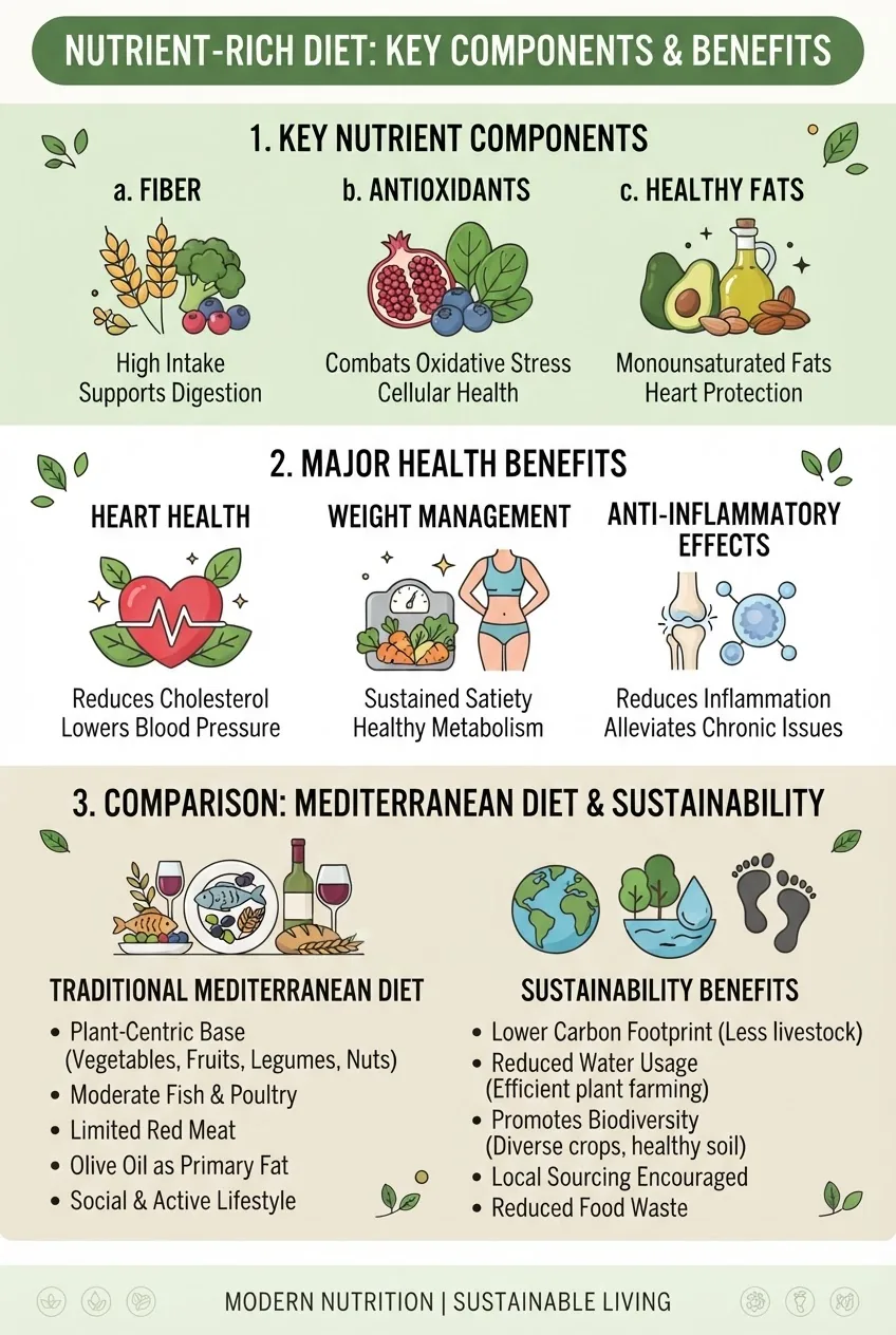 structured in three horizontal sections: 1) key nutrient components (fiber, antioxidants, healthy fats), 2) major health benefits (heart
