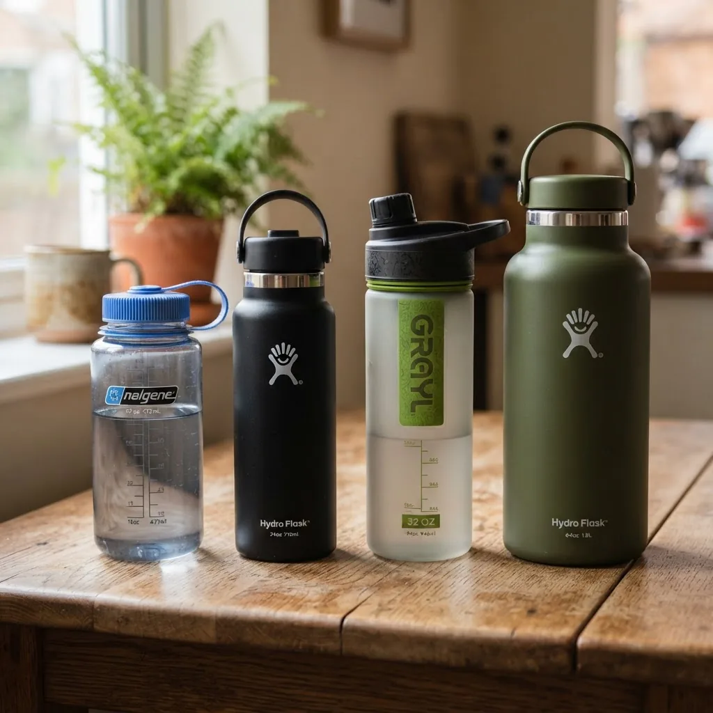 A close-up photo of a variety of commonly used water bottles of different sizes (16 oz, 32 oz, 64 oz) arranged neatly on a wooden table