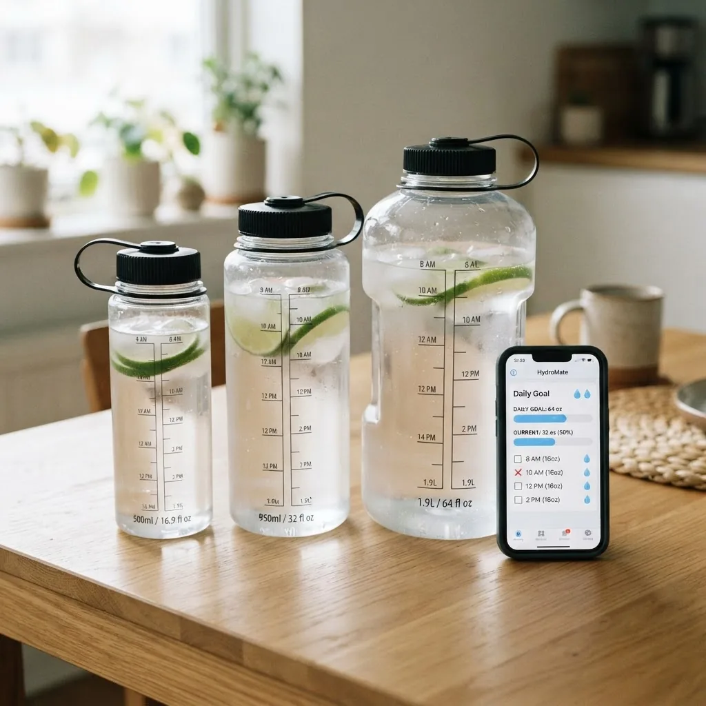 three reusable water bottles (16.9 fl oz, 32 fl oz, 64 fl oz) placed on a light wooden table beside a smartphone showing a hydration app.