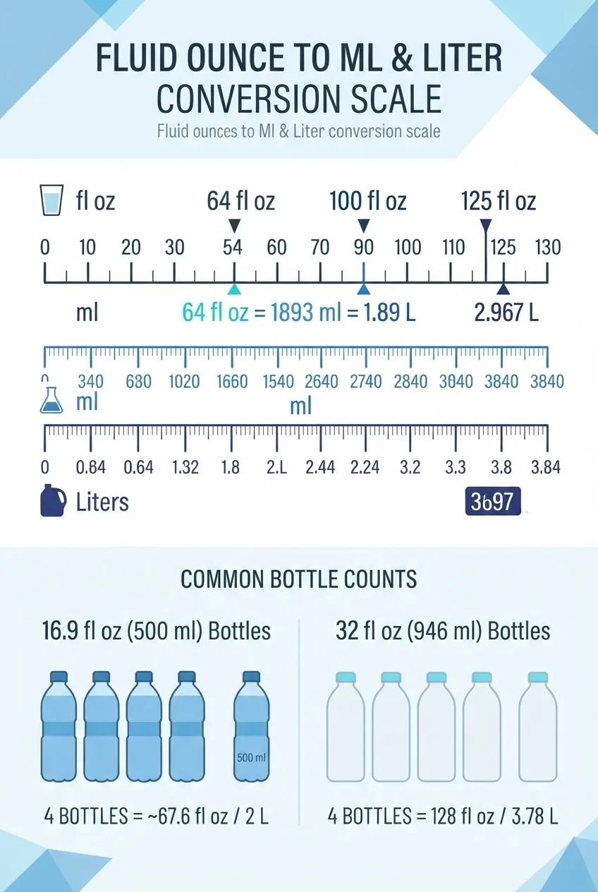 shows conversion scales between fl oz, ml and liters; include visual indicators for 64 fl oz, 100 fl oz and 125 fl oz and common bottle
