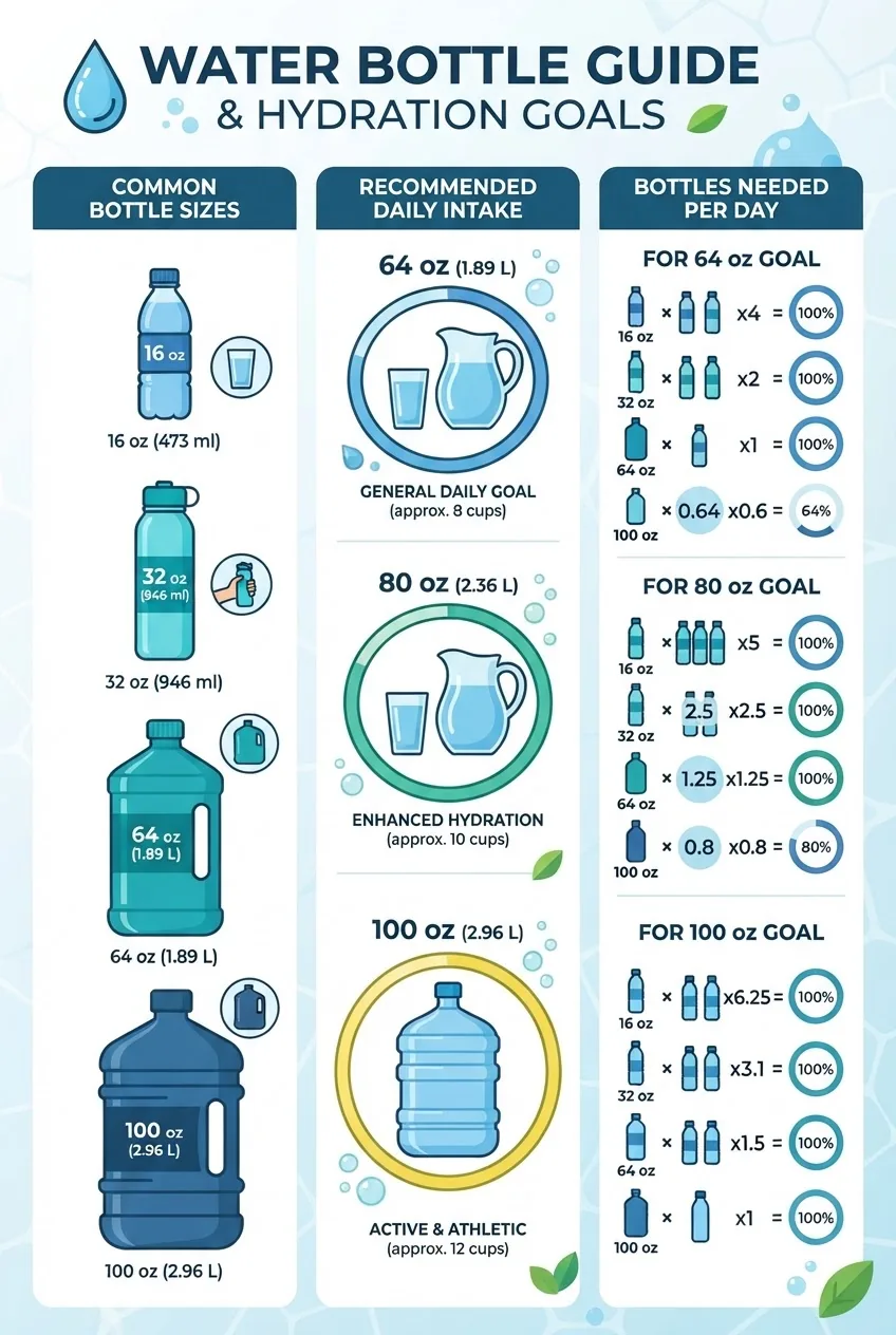 with three columns showing: Column 1 - common bottle sizes (16 oz, 32 oz, 64 oz, 100 oz) with icons; Column 2 - recommended daily intake