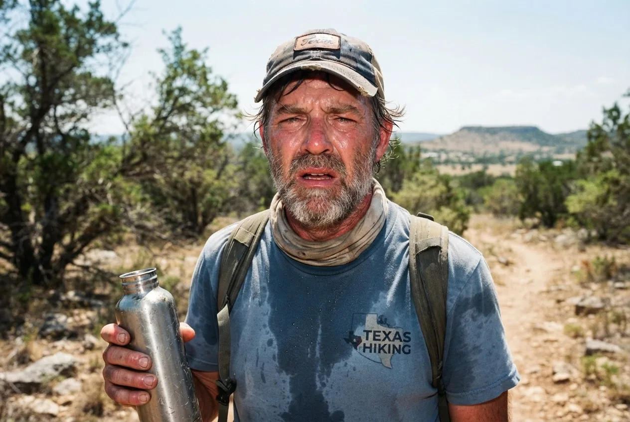 A high-resolution image of a middle-aged Texas adult outdoors on a hot sunny day, showing visible signs of thirst or mild fatigue, natural