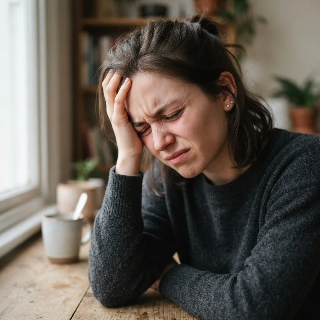 Close-up of a young adult with a pained expression holding their head indoors with soft natural light highlighting facial strain and