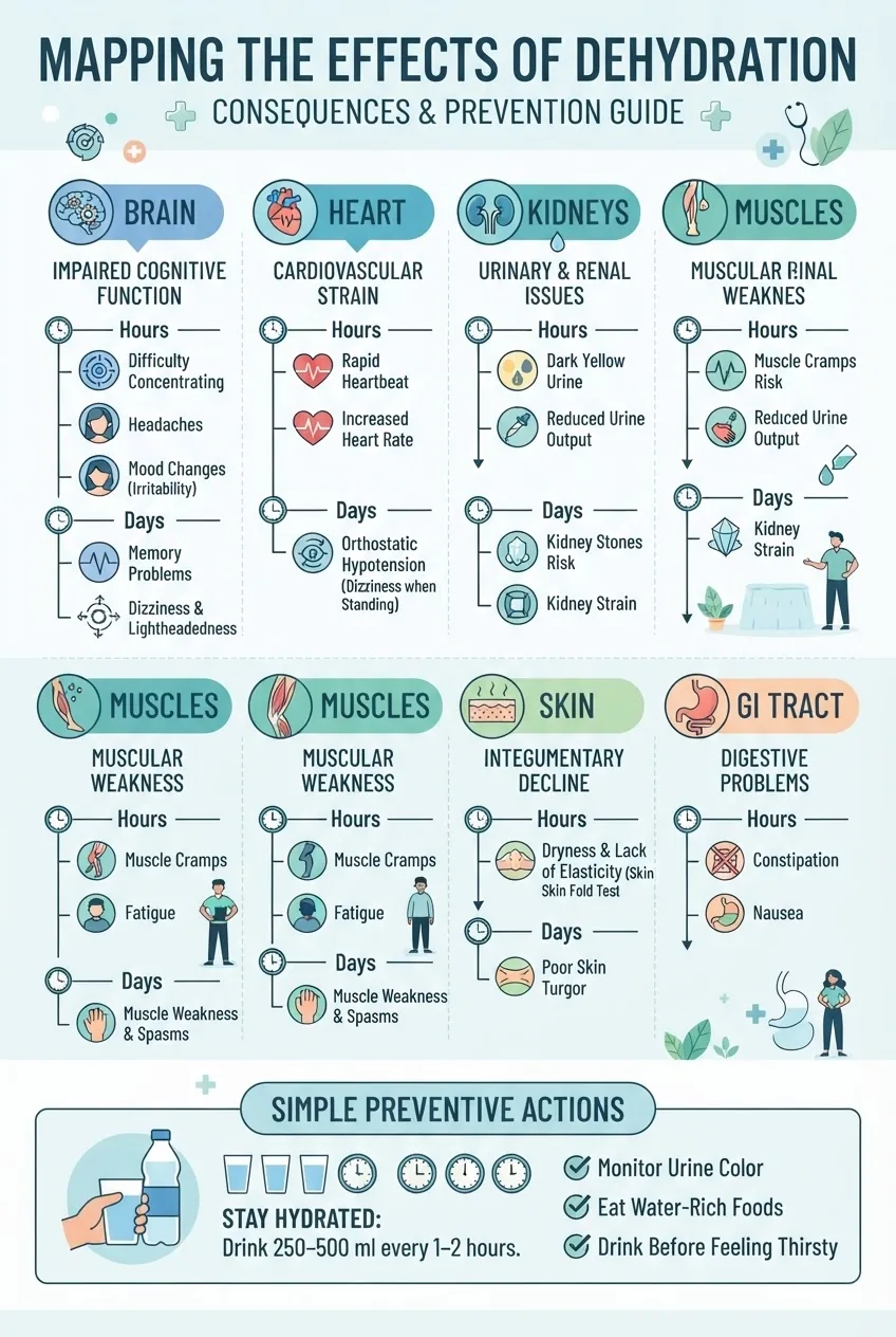 maps the 16 side effects of dehydration to the body systems affected (brain, heart, kidneys, muscles, skin, GI), includes short timelines