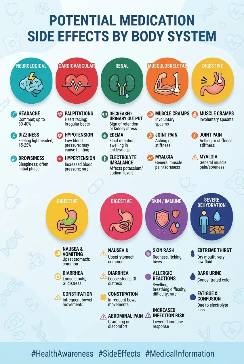 A well-organized visual infographic displaying 16 side effects grouped by body system: neurological, cardiovascular, renal,