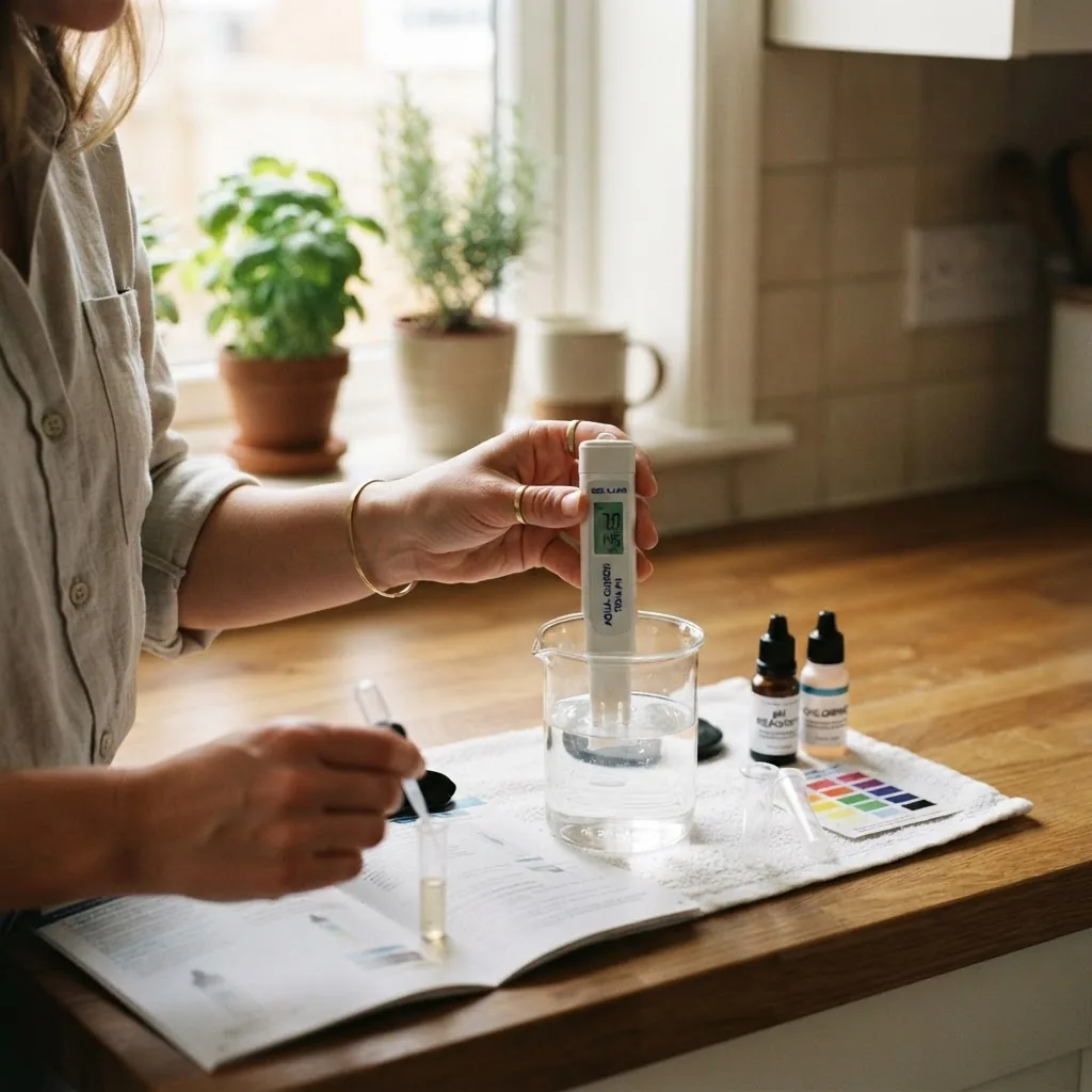 Shot of a person using a home water testing kit with focus on the device and hand, indoor setting with natural light, depicting ease of