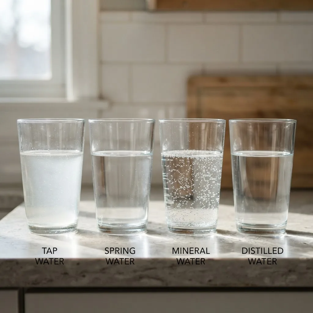 Close-up photo of several clear glasses filled with different water types (tap, spring, mineral, distilled) arranged on a kitchen counter