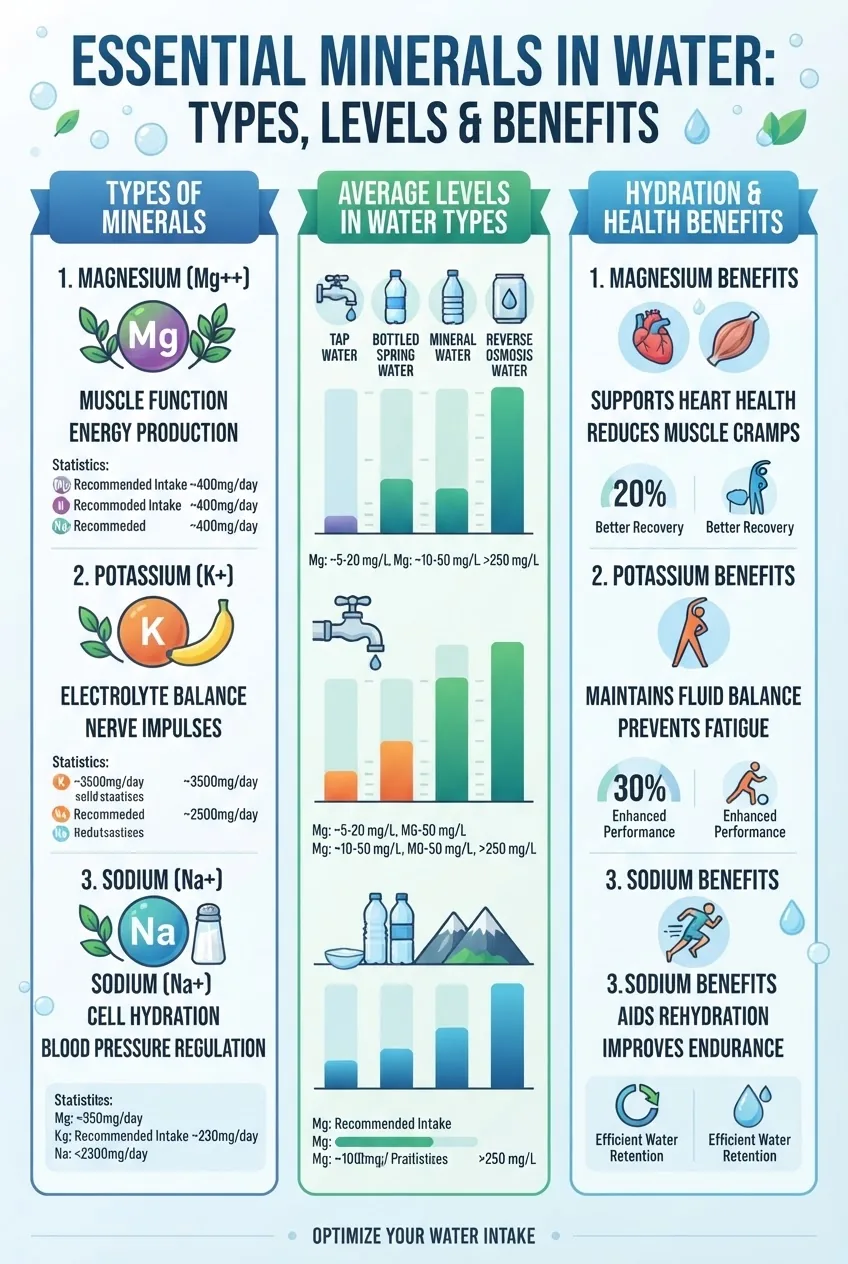 Infographic structured into three columns: types of essential minerals (magnesium, potassium, sodium), their average levels in various