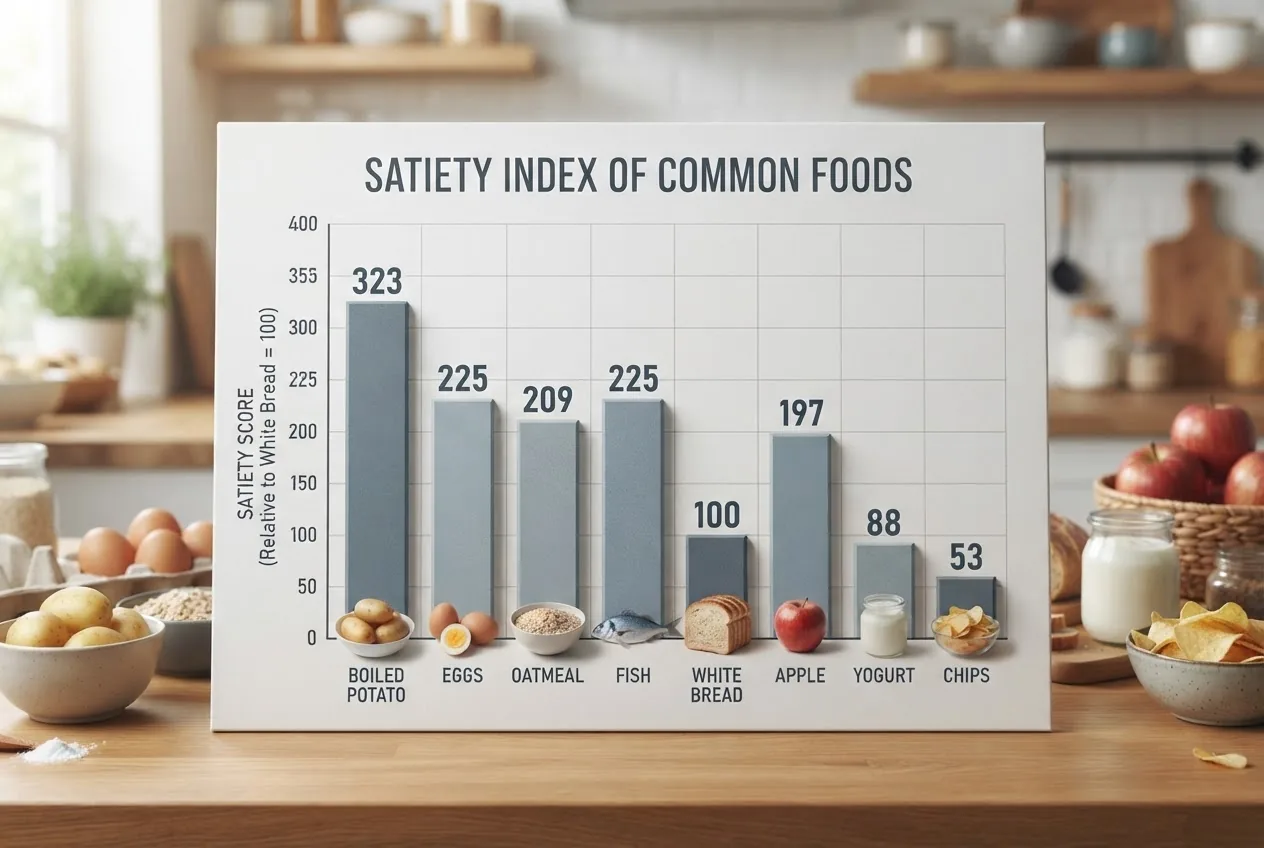 a labeled satiety index bar chart comparing common foods (boiled potato, eggs, oatmeal, white bread, apples, yogurt, chips) with clear