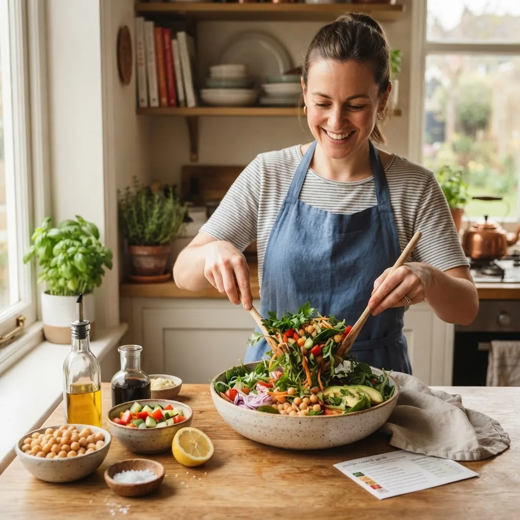 An inviting kitchen setting photo of a person preparing a mixed salad with high-fiber veggies, chickpeas, and olive oil dressing,