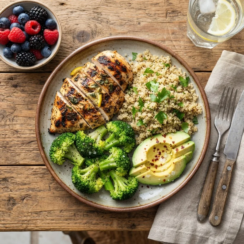 A vibrant, top-down photo of a balanced plate featuring high-protein grilled chicken, steamed broccoli, quinoa, avocado slices, and a side