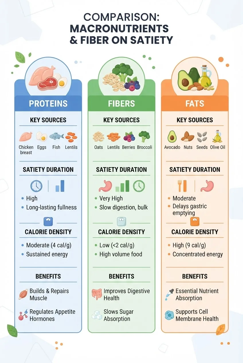 A clean infographic with three columns comparing proteins, fibers, and fats on satiety, showing key sources, satiety duration, calorie