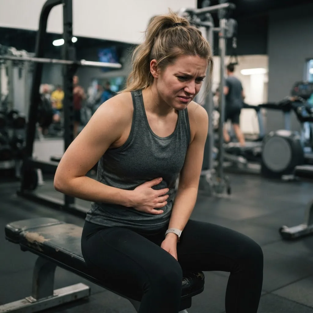 a person resting with a hand on their stomach looking uncomfortable post-meal with gym background equipment softly blurred behind,