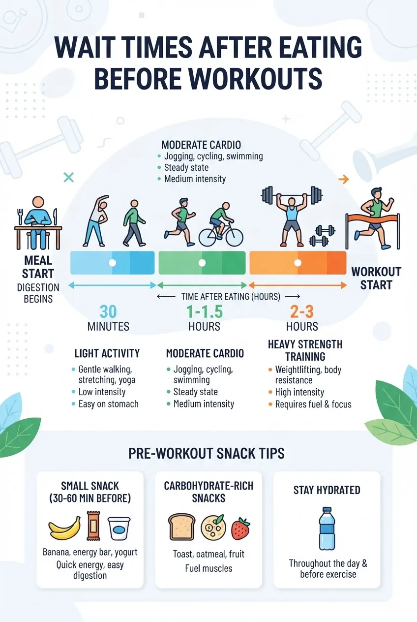 A clean infographic showing a timeline with colored segments illustrating safe wait times after eating before different workout types: