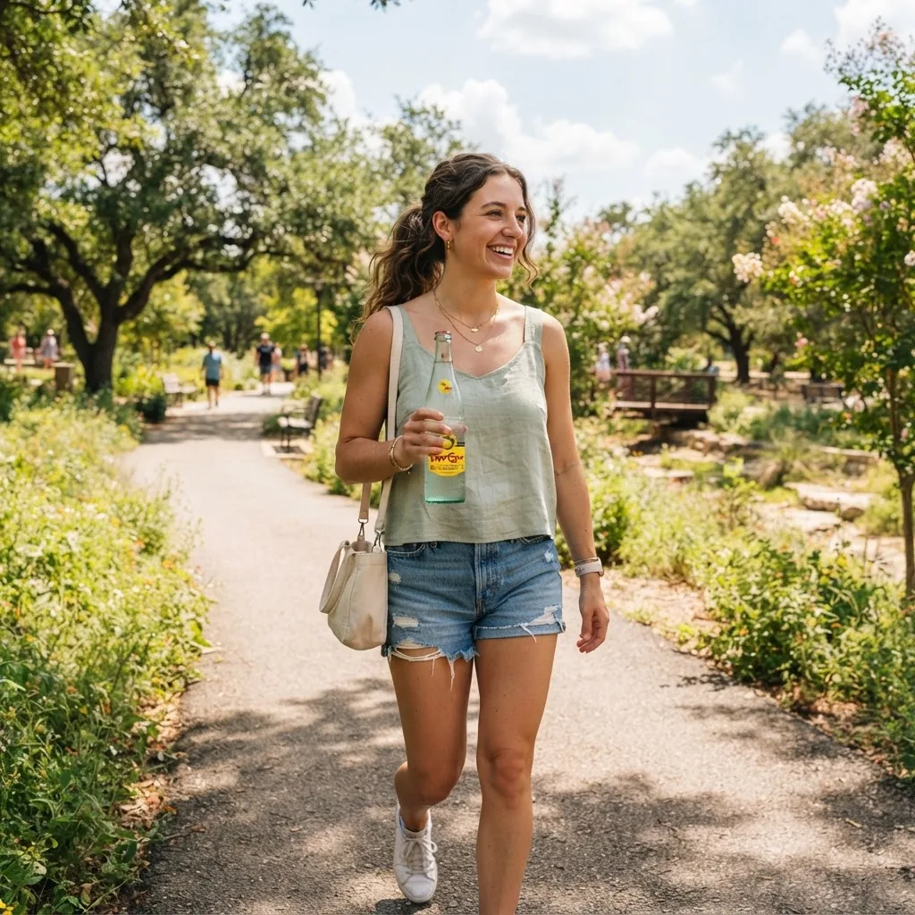 Outdoor photo of a person holding a refreshing sparkling water bottle while walking in a sunny Texas park, natural sunlight, casual summer