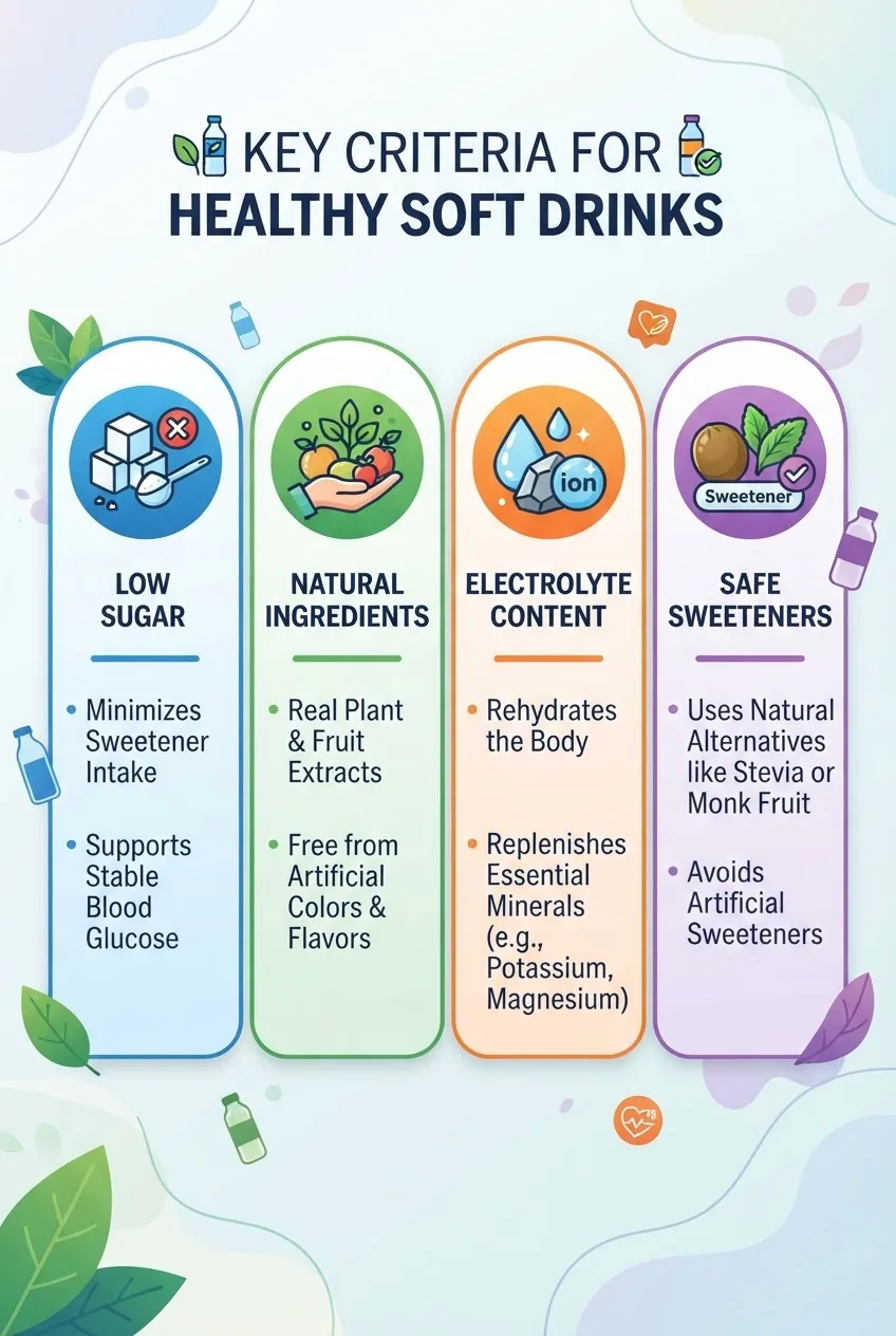 with four columns listing key criteria for healthy soft drinks: low sugar, natural ingredients, electrolyte content, and safe sweeteners;