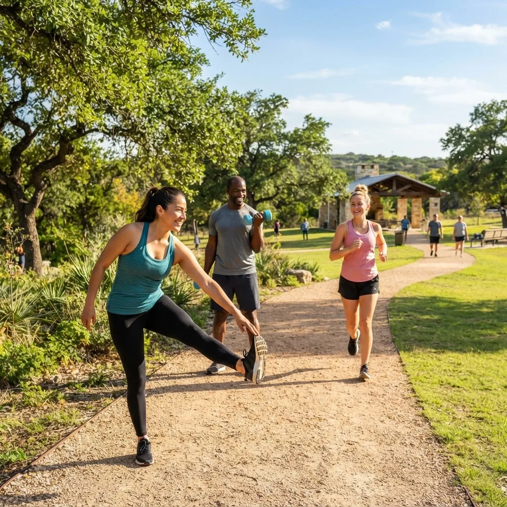 a diverse group of adults performing different types of exercises in a sunny park setting in Texas: someone jogging, another lifting light