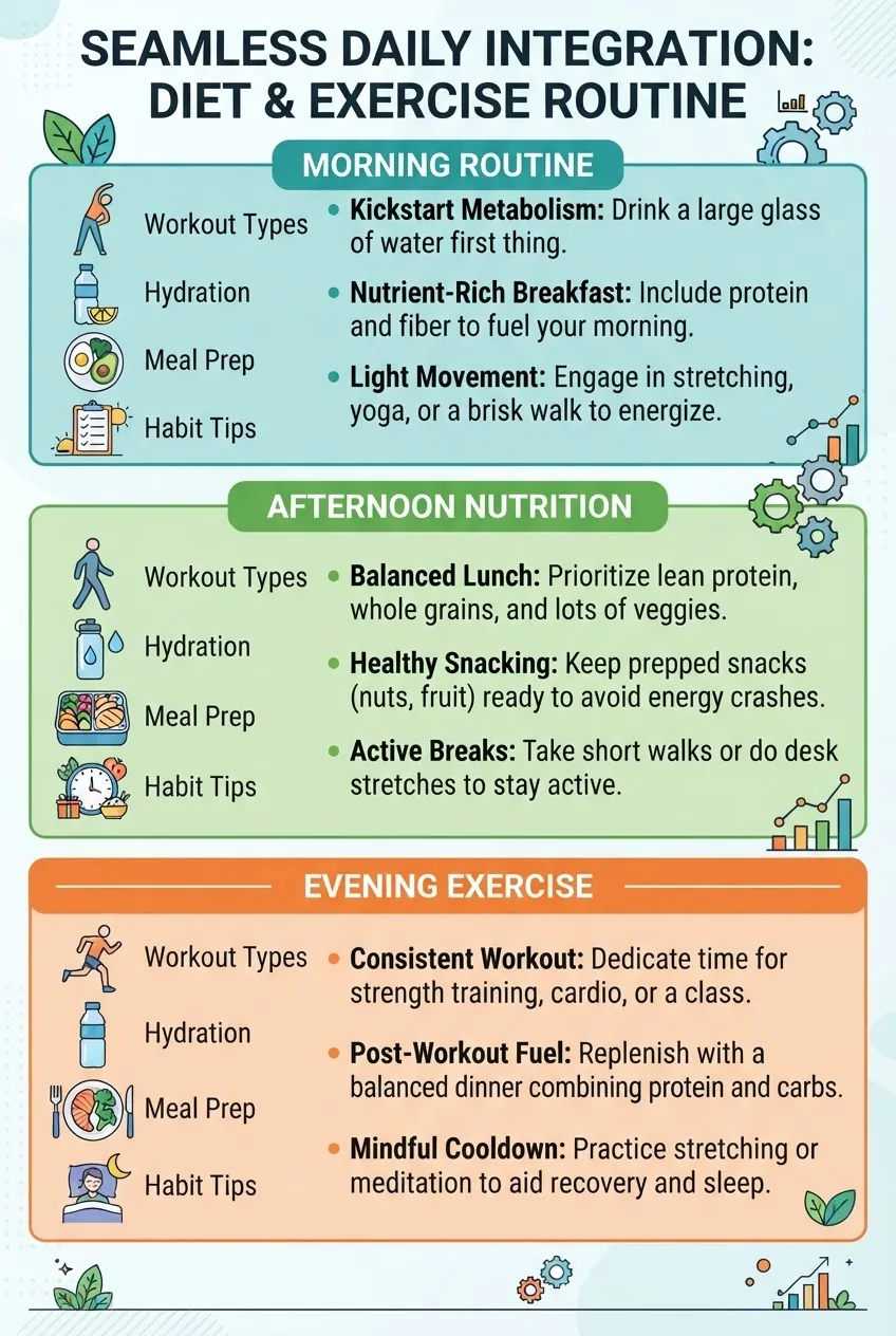 with three main horizontal sections titled: 'Morning Routine', 'Afternoon Nutrition', and 'Evening Exercise'. Each section includes icons