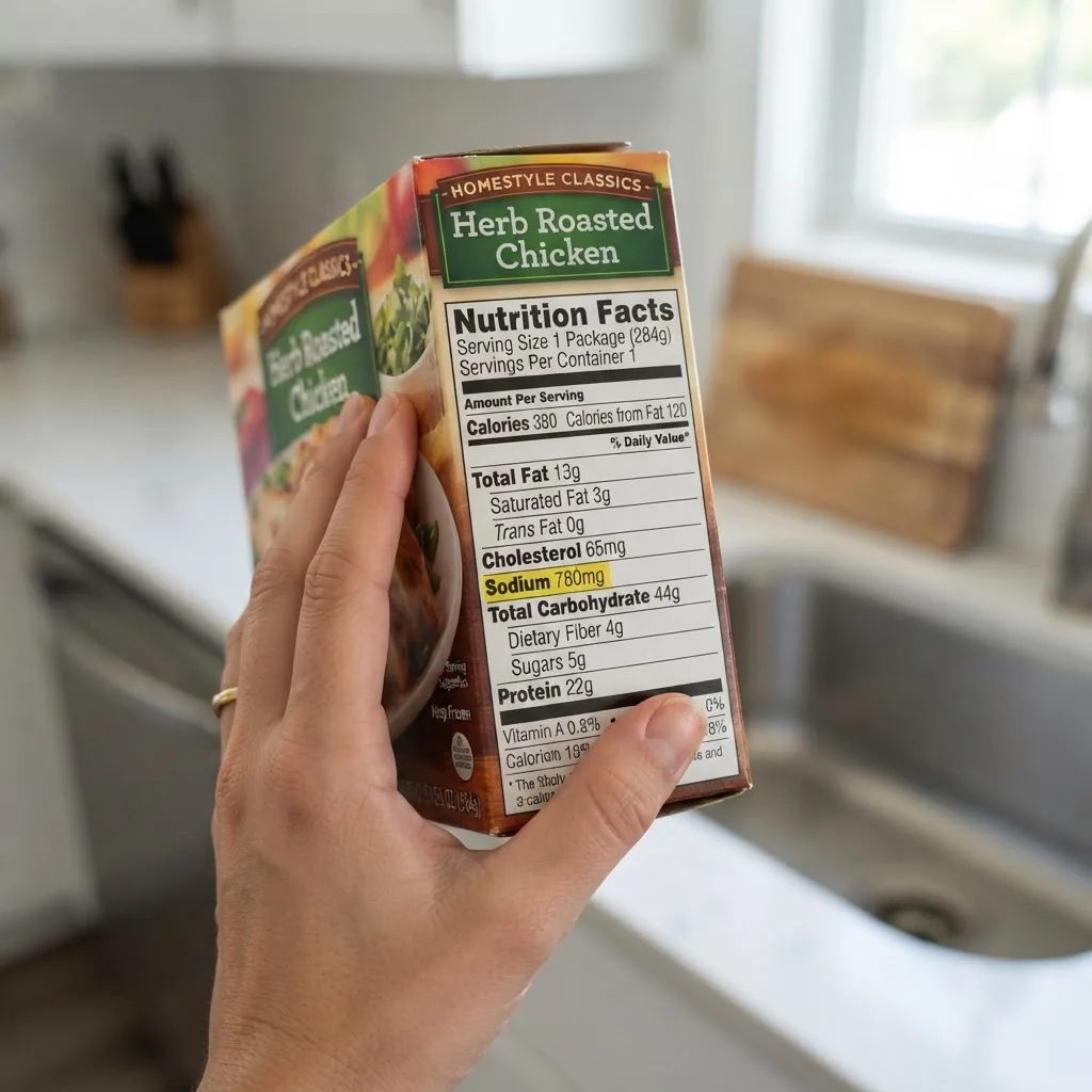 a close-up of a hand holding a frozen meal package showing the nutrition facts label clearly, with focus on sodium and calorie sections, in