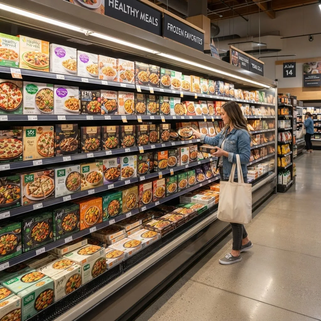 an open freezer aisle in a modern Texas grocery store, neatly stocked with a variety of healthy frozen meal packages, bright lighting