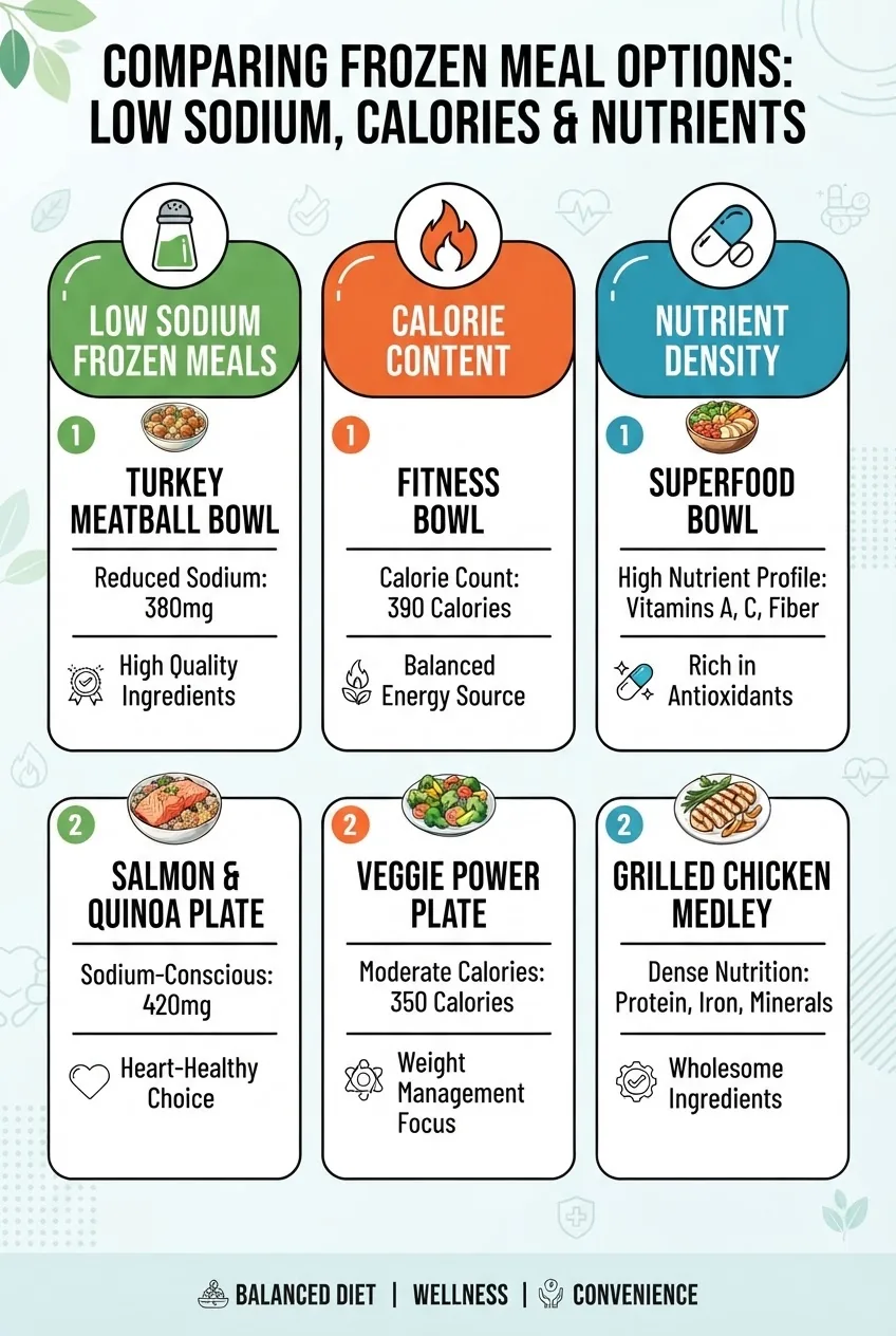 features a three-column comparison table: columns for “Low Sodium Frozen Meals,” “Calorie Content,” and “Nutrient Density,” each with icons