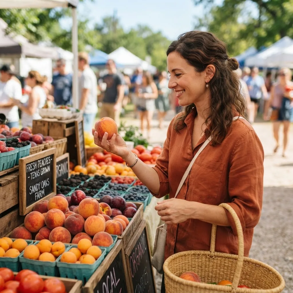 A well-lit photo of a shopper inspecting fresh fruits at a Texas farmers’ market stand, hand holding a ripe peach, colorful seasonal fruits