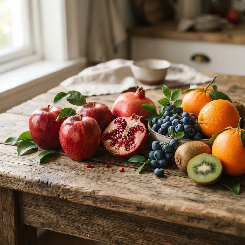 A vibrant, close-up still life image featuring the five healthiest fruits—blueberries, apples, oranges, kiwi, and pomegranates—arranged on