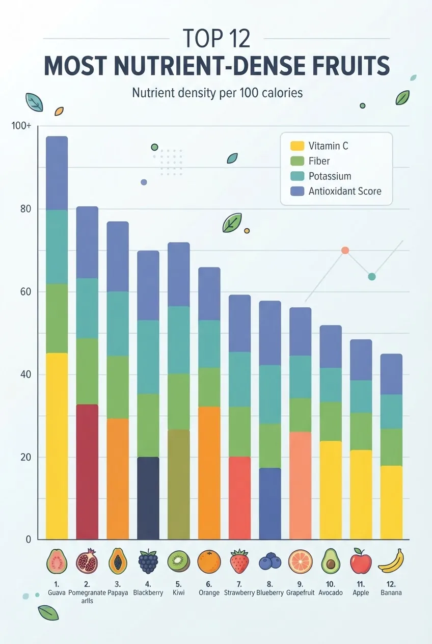 ranks the top 12 most nutrient-dense fruits per 100 calories, showing relative vitamin C, fiber, potassium and antioxidant score; include