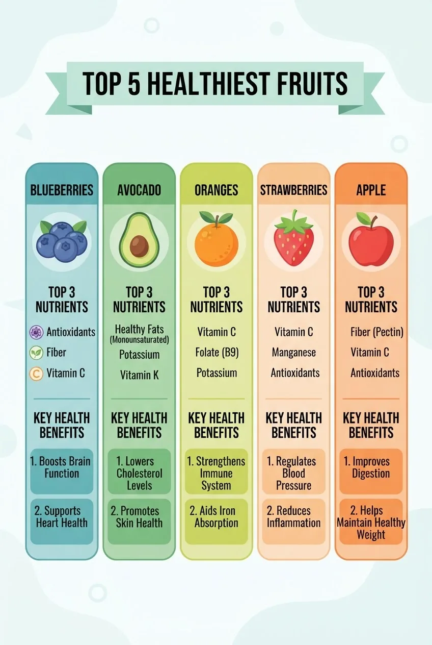 A clean infographic with five vertical columns, each representing one of the top 5 healthiest fruits; each column includes an icon of the