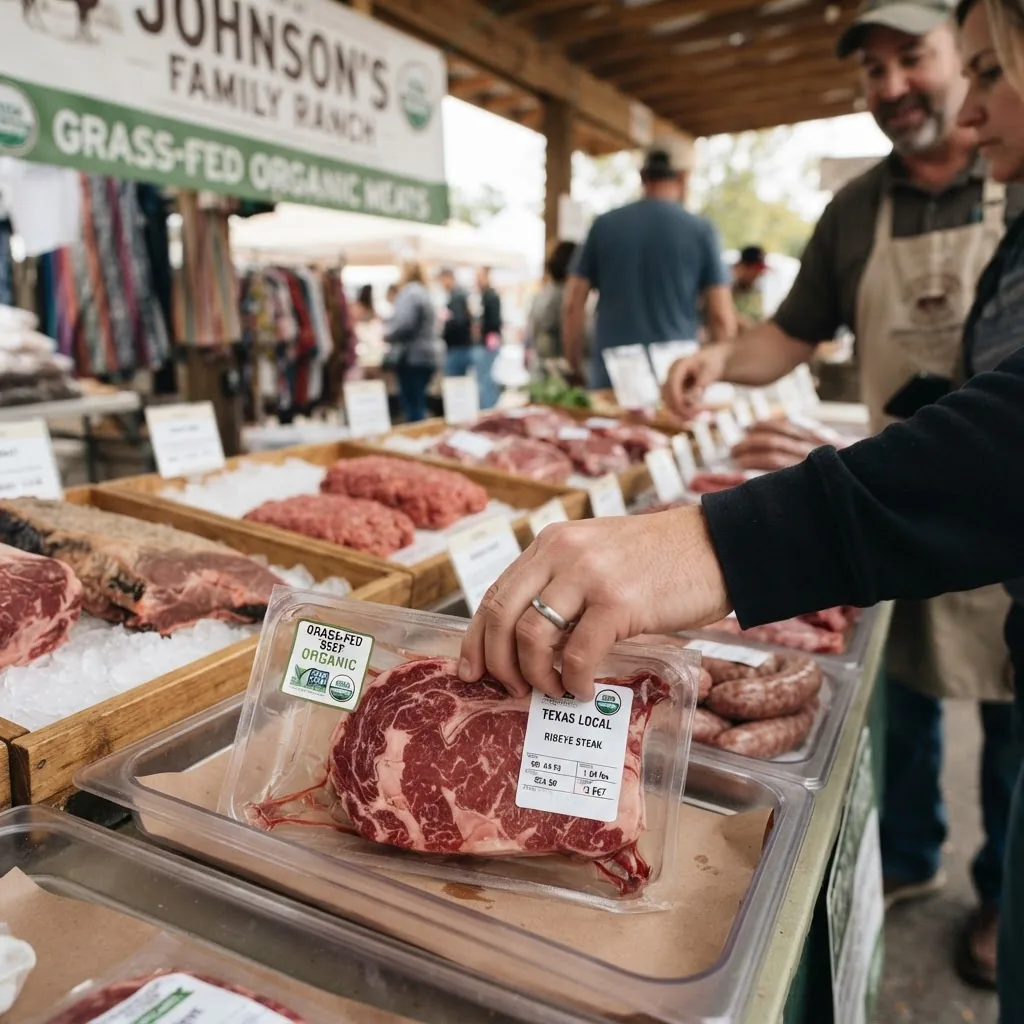 A shopper’s hand selecting fresh meat labeled “grass-fed” and “organic” at a Texas farmer’s market stall, with a background showing neatly