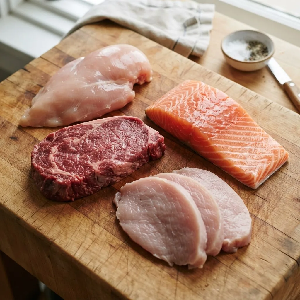 Close-up of an assortment of raw healthy meats including skinless chicken breast, grass-fed beef steak, wild-caught salmon fillet, and lean
