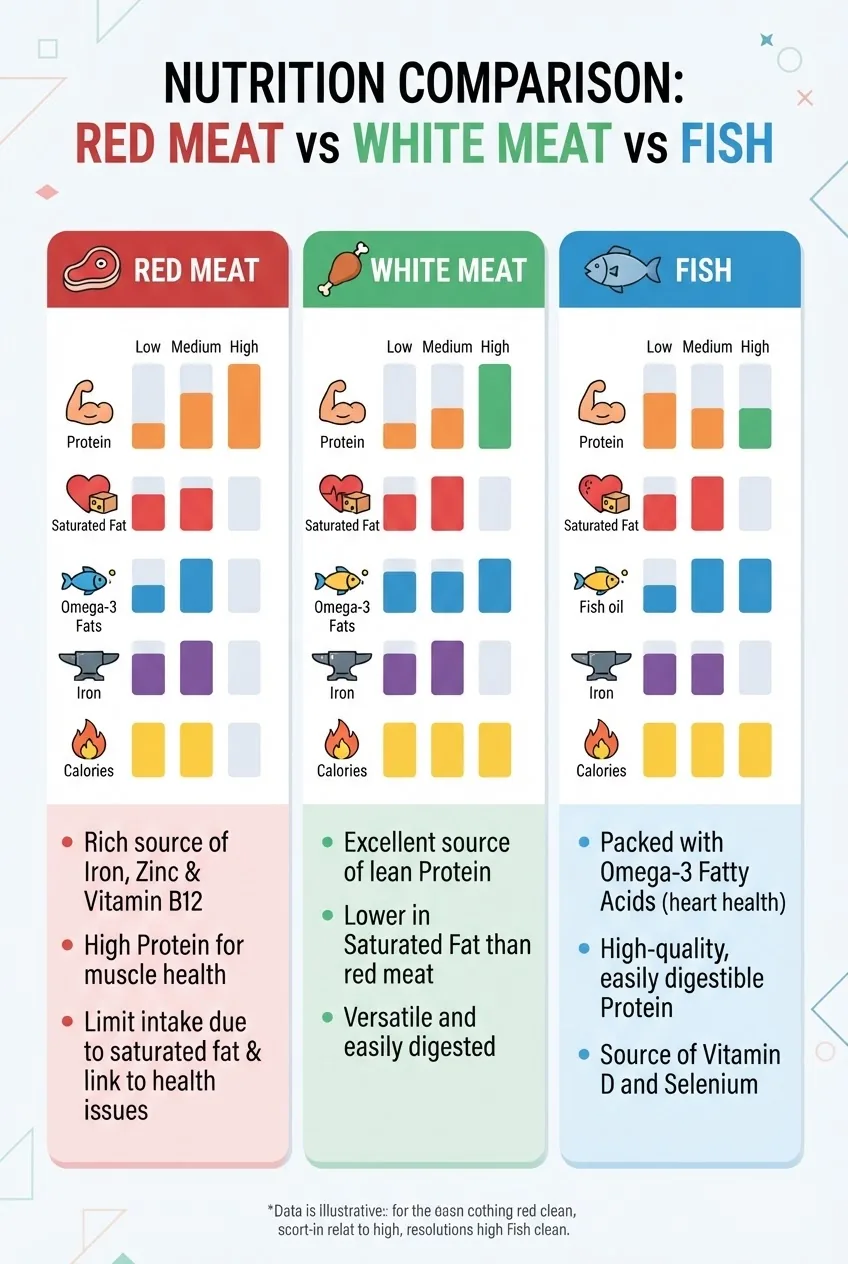 A clear three-column infographic comparing red meat, white meat, and fish, each column including an icon (steak, chicken, fish), a