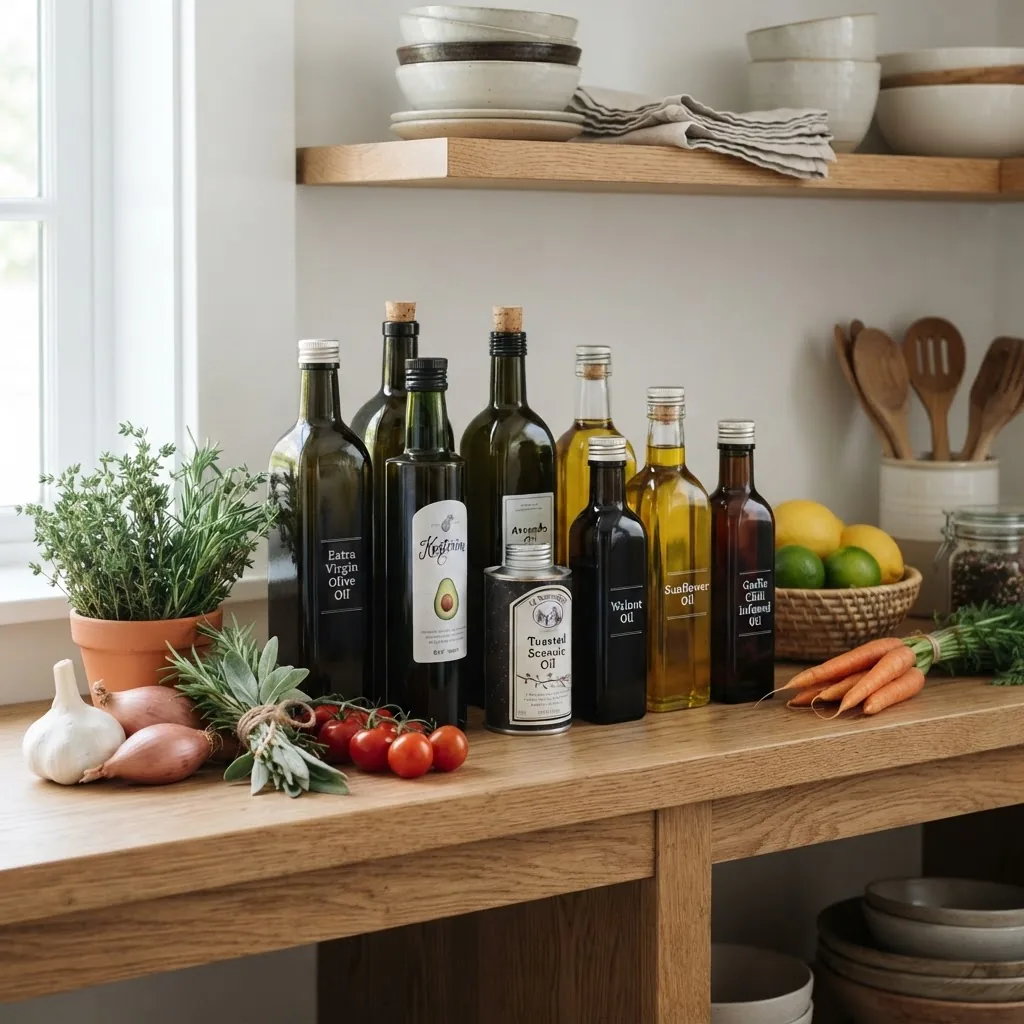 A home kitchen pantry shelf neatly stocked with various cooking oils in dark glass bottles with airtight caps, surrounded by fresh