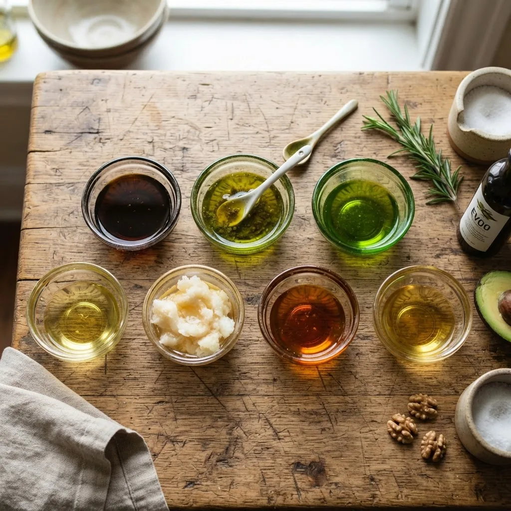 A close-up overhead shot of a rustic kitchen tabletop with small glass bowls containing various healthy cooking oils like olive oil,