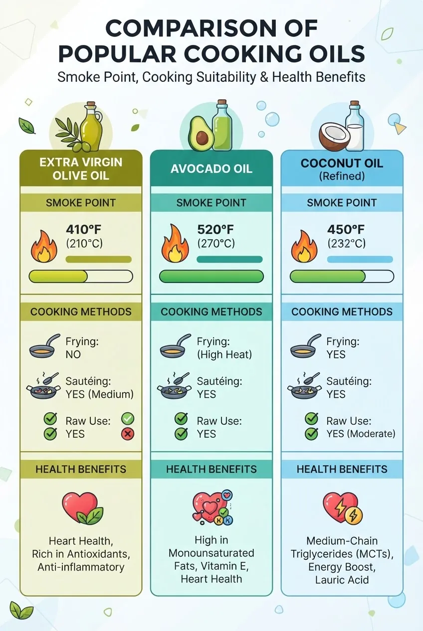 A horizontal three-column infographic comparing popular cooking oils by smoke point, cooking method suitability (frying, sautéing, raw