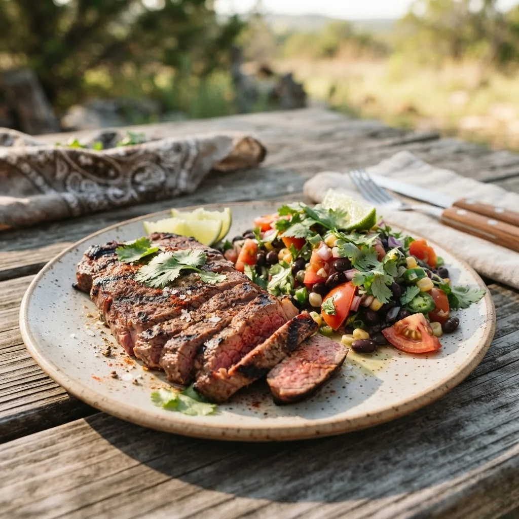 Close-up of a Texas-inspired healthy meal featuring lean grilled steak, black bean salad with fresh local tomatoes and cilantro, presented