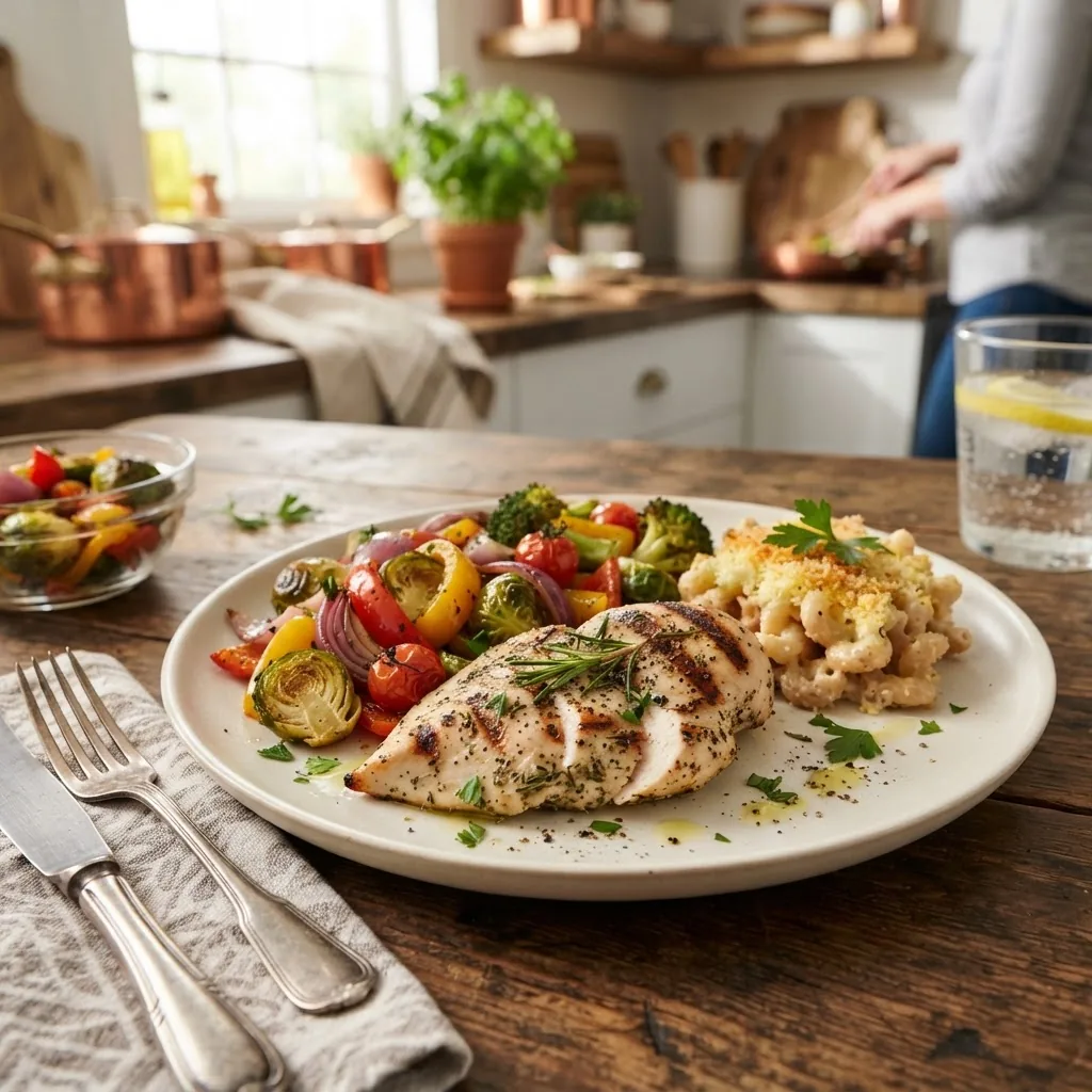 A vibrant, well-lit kitchen scene showing a serving plate with a healthy version of a classic American dish — grilled chicken breast,