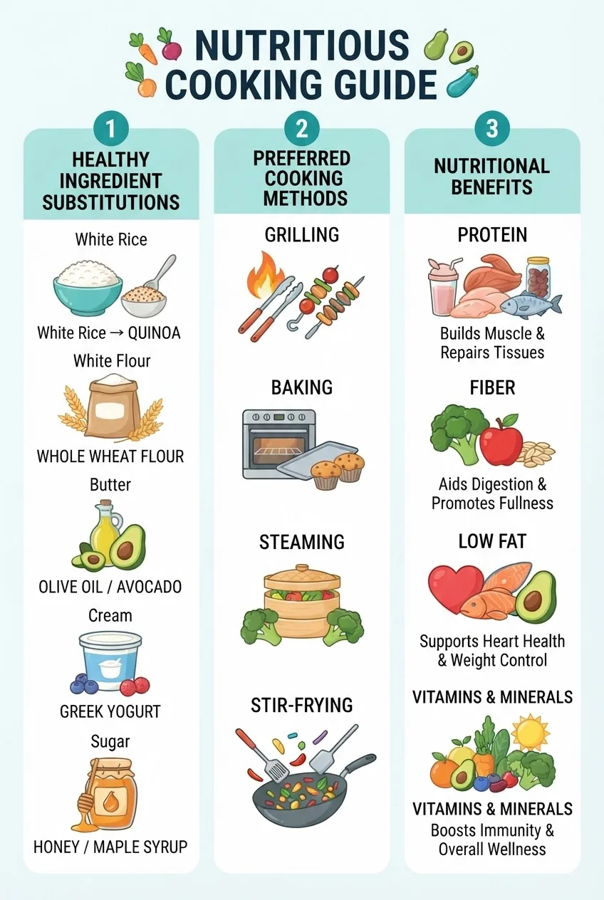 is divided into three sections: 1) "Healthy Ingredient Substitutions" with icons and examples (e.g., whole wheat flour, lean meats), 2)