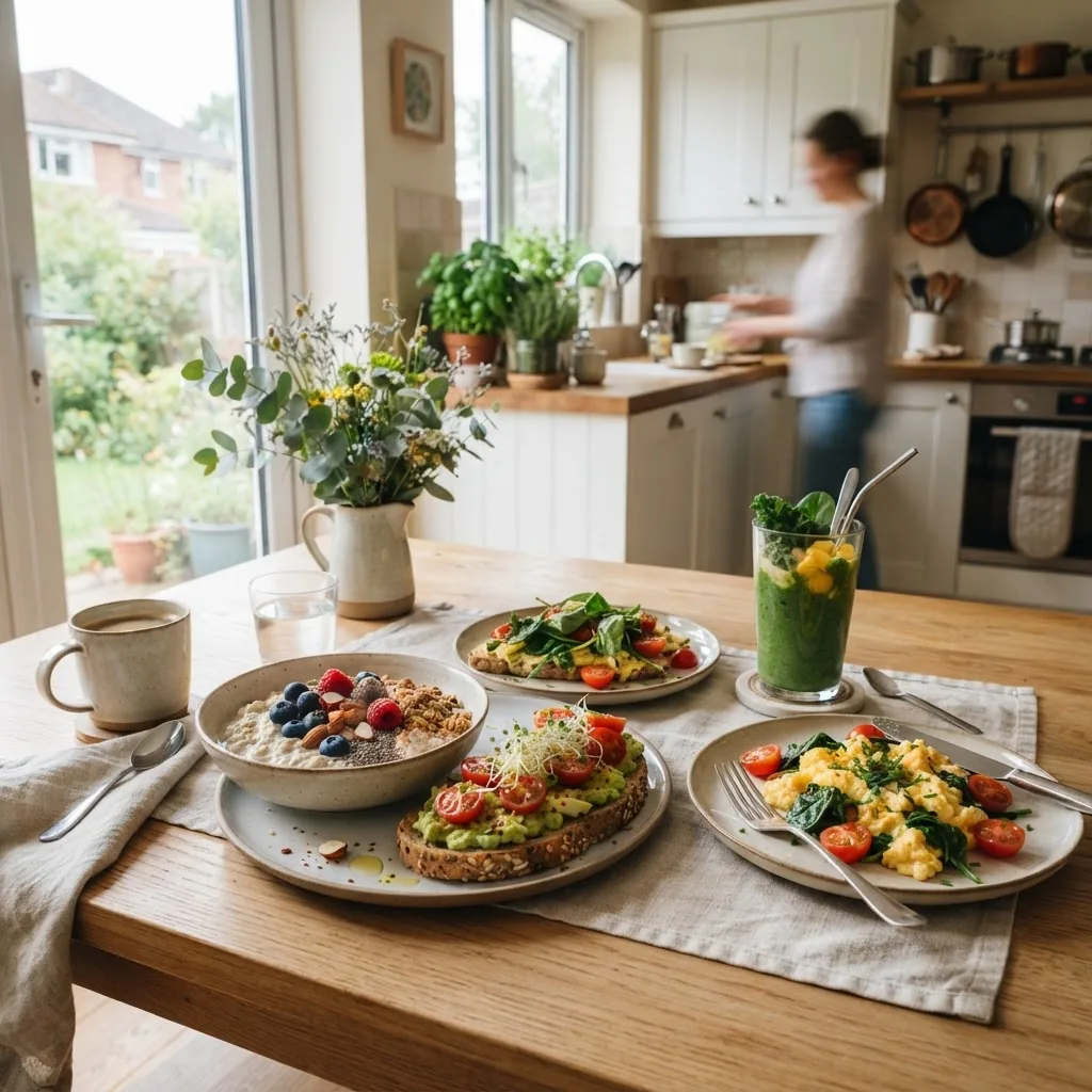 bright kitchen scene showing a diverse breakfast spread on a wooden table: a bowl of overnight oats topped with berries and nuts, avocado