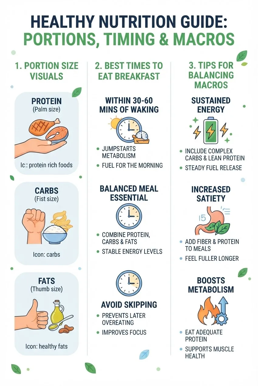 with three columns: Column 1 shows portion size visuals for protein, carbs, fats; Column 2 lists best times to eat breakfast with clock