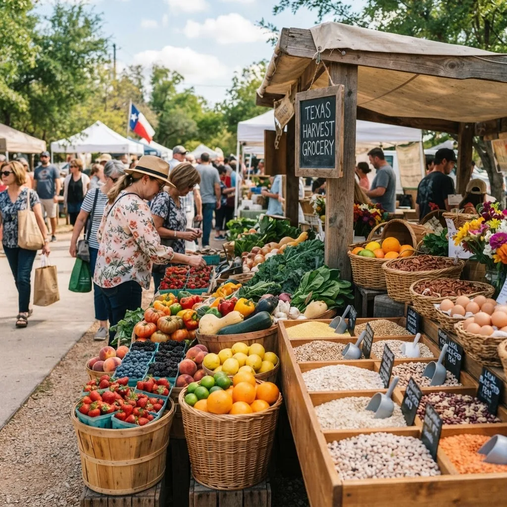 A bright market scene in Texas with baskets of local grains, fresh fruits like berries and citrus, legumes, and vegetables displayed