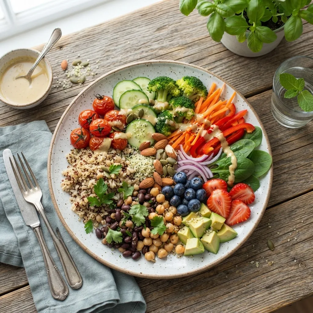 A vibrant overhead photo of a colorful, balanced plate featuring whole grains, legumes, fresh fruits, and non-starchy vegetables on a