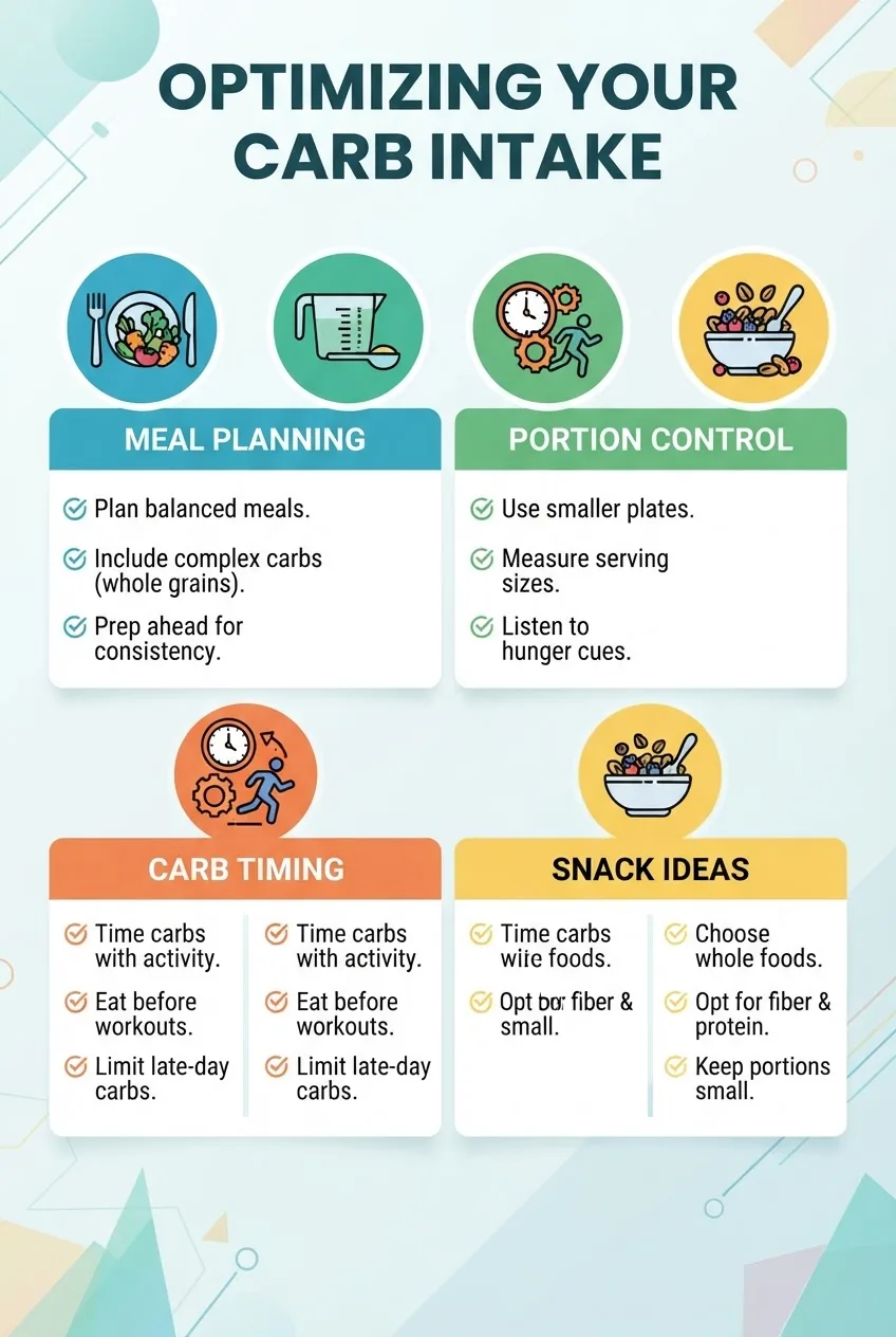 A clean, modern infographic with four sections arranged horizontally: 1) Meal Planning with Healthy Carbs (meal plate icon), 2) Portion