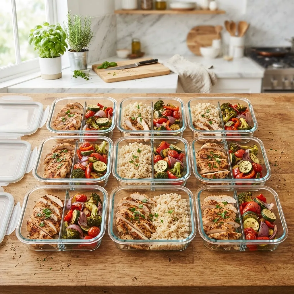 multiple glass meal prep containers filled with colorful healthy chicken breast meals including grilled chicken, roasted veggies, and brown