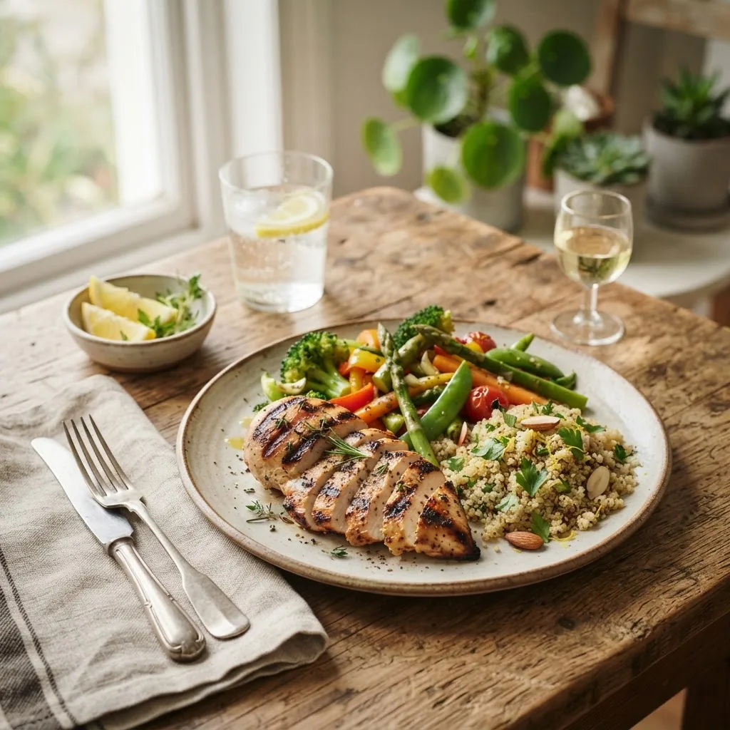 a beautifully plated grilled chicken breast with steamed vegetables and quinoa on a rustic wooden table, natural daylight, slight vignette,