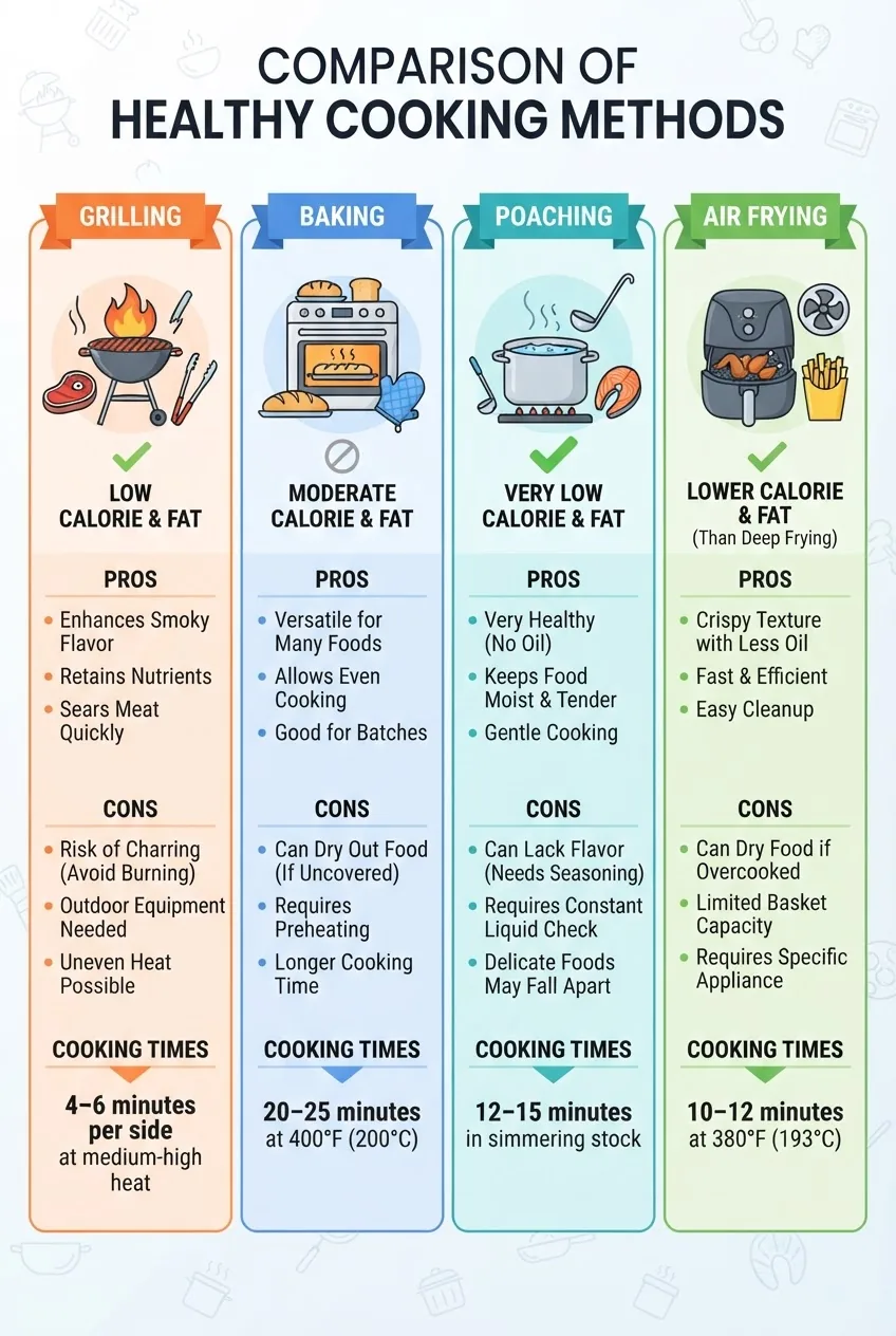 has four columns—grilling, baking, poaching, and air frying—each column shows a simple icon, calorie/fat retention stats, pros and cons